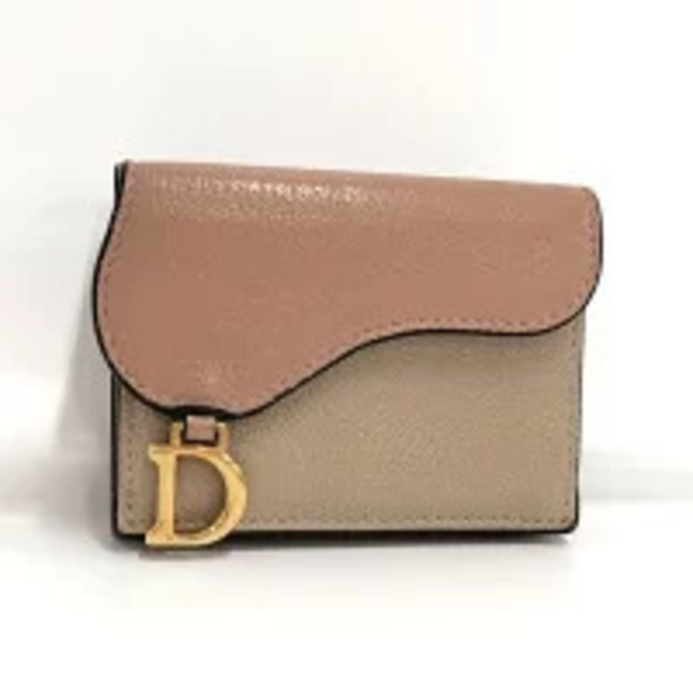 Christian Dior Saddle Compact Wallet Tri fold Leather Pink Beige Cream